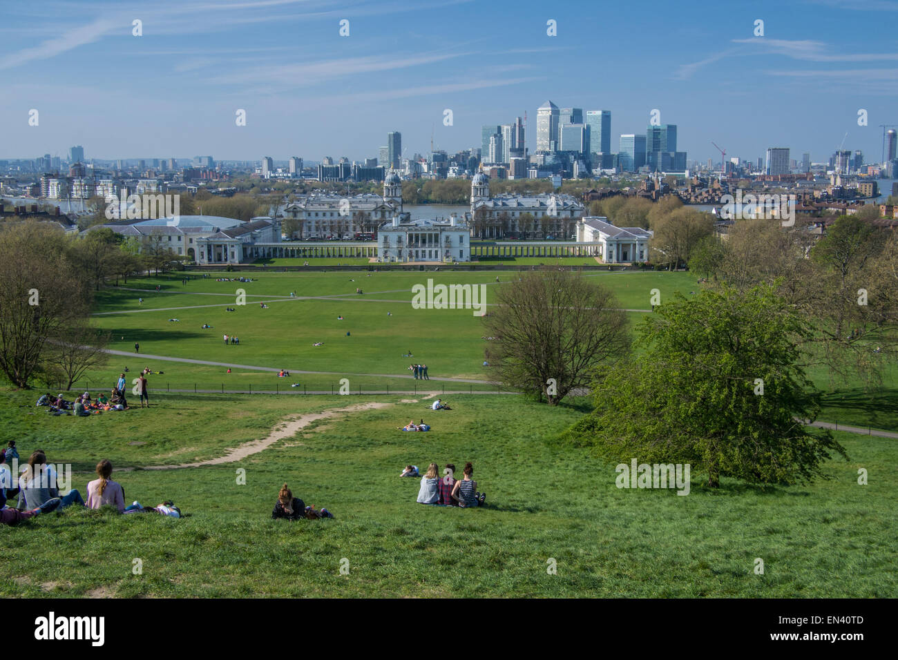 View from Greenwich Park showing Greenwich University and (across the Thames) The Isle of Dogs behind. Stock Photo
