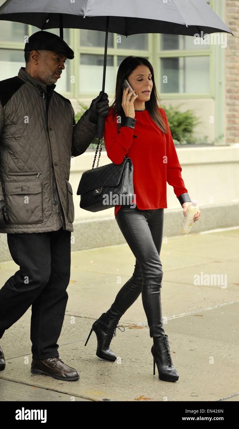 Bethenny Frankel out and about on a rainy day in Manhattan wearing leather  pants and high heel ankle boots Featuring: Bethanny Frankel Where:  Manhattan, New York, United States When: 23 Oct 2014