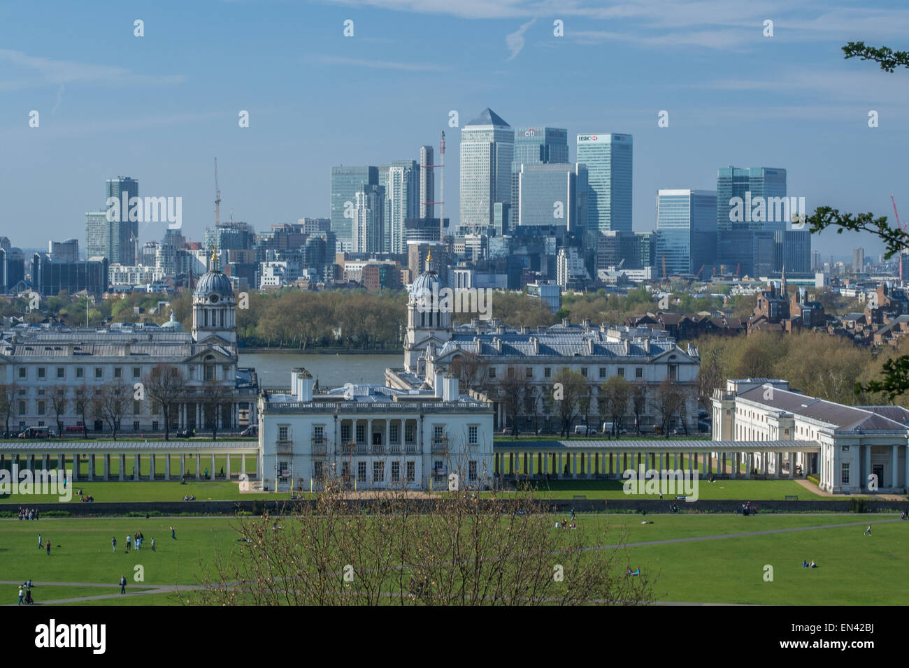 View from Greenwich Park showing Greenwich University and (across the Thames) The Isle of Dogs. Stock Photo