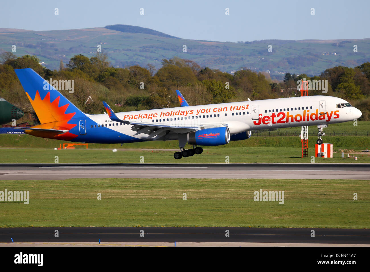 Jet2 Boeing 757-200 approaches runway 23R at Manchester airport. Stock Photo