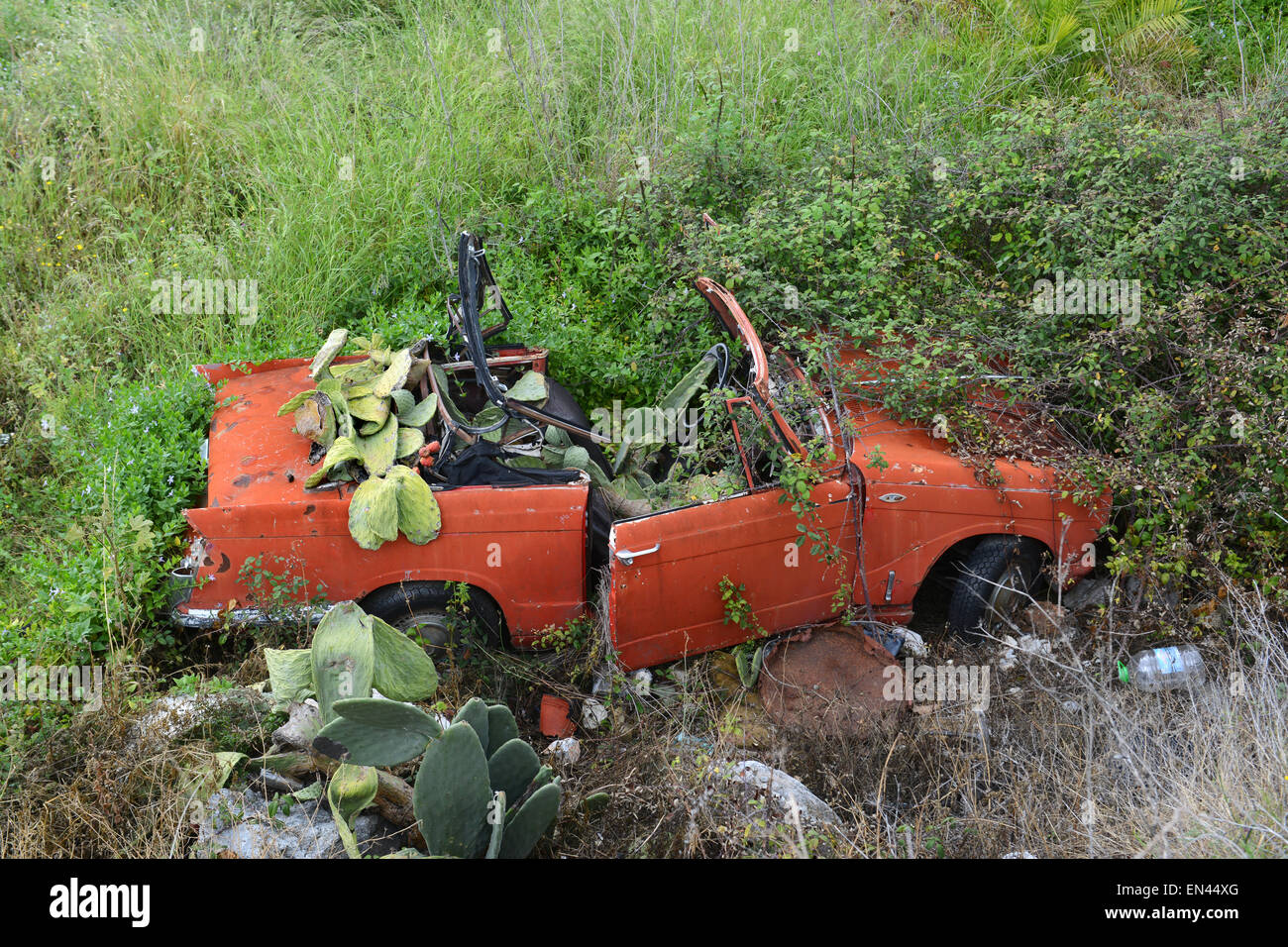 Old abandoned Triumph Herald car rotting away amongst cacti vegetation in Spain Stock Photo