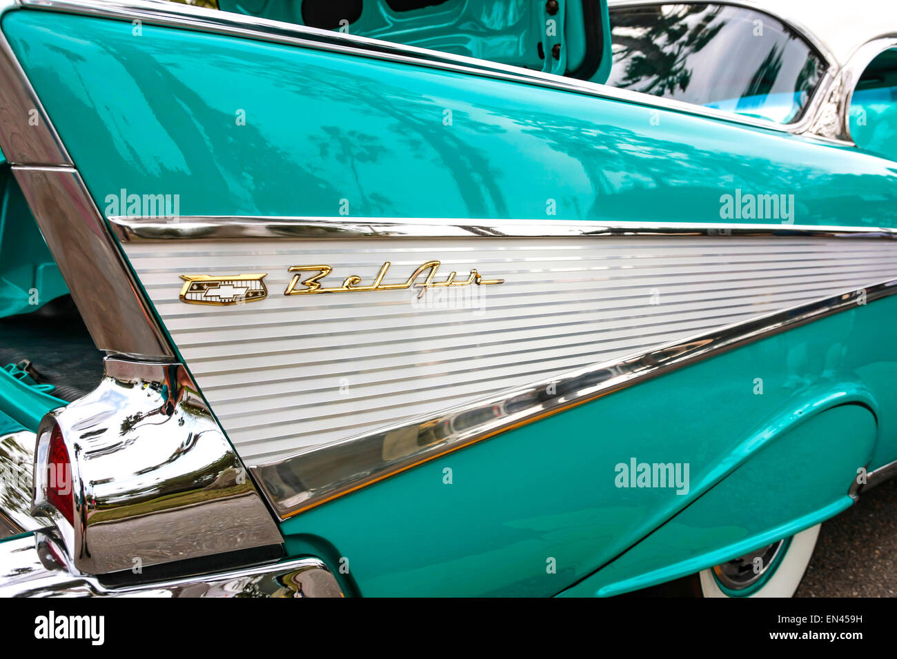 Rear passengers side wing on a 1957 Chevy Belair Stock Photo