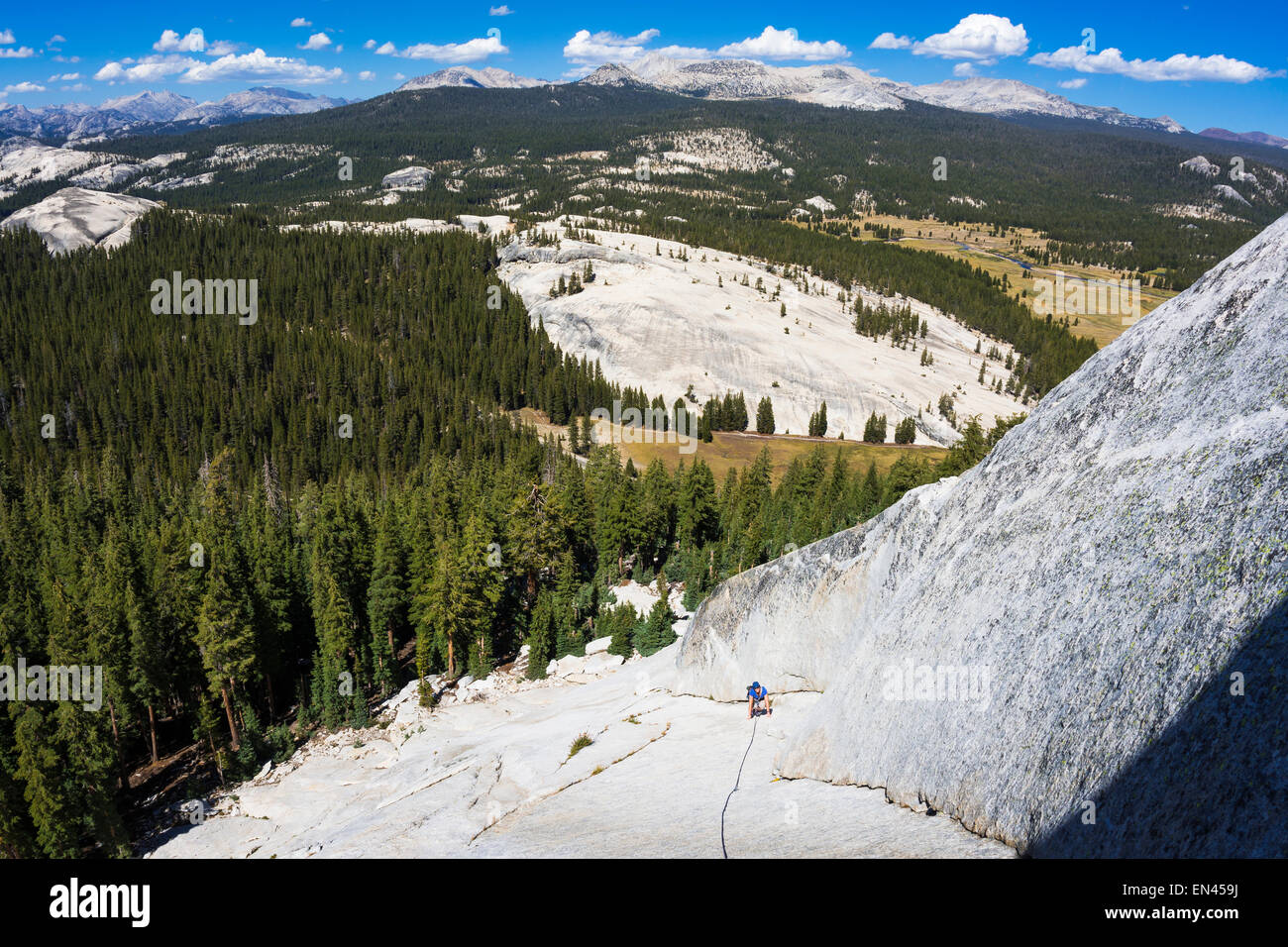 Rock climber on Marmot Dome, Tuolumne Meadows, Yosemite National Park