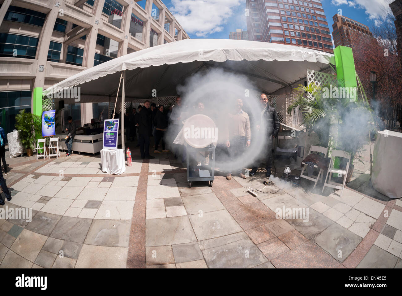 Thomas Fabian mans his vortex ring cannon at the NYU-Polytechnic School of Engineering's Research Expo in Brooklyn's 'Tech Triangle' in New York on Friday, April 24, 2015. By reproducing the rings researchers can study the phenomena as it appears in the real world. Over forty research projects and their creators will exhibit and explain their research including cutting-edge robotics, engineering and biotechnology.  (© Richard B. Levine) Stock Photo