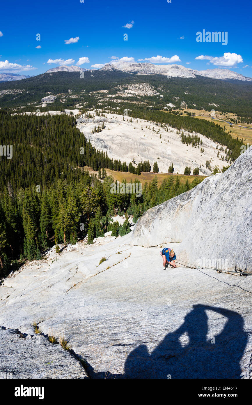 Rock climber on Marmot Dome, Tuolumne Meadows, Yosemite National Park