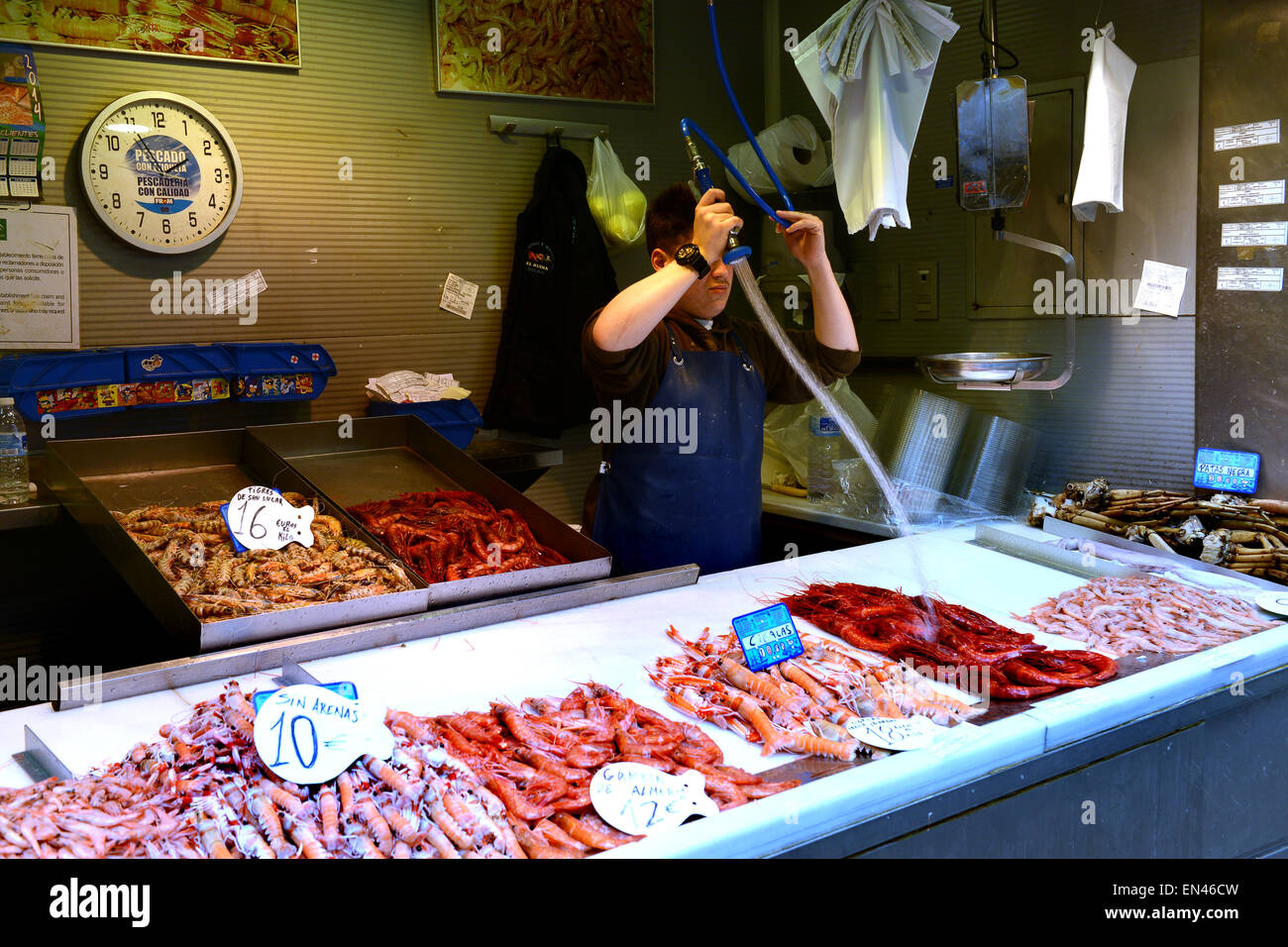 Malaga indoor market seafood stall Andalusia Spain Europe Stock Photo