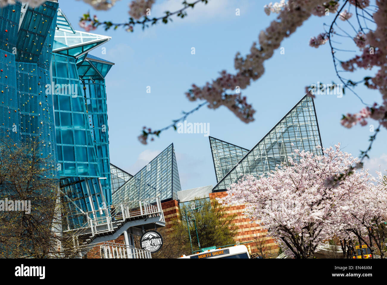 Tennessee Aquarium and at left, climbing walls at The Block, Chattanooga, Tennessee, USA Stock Photo