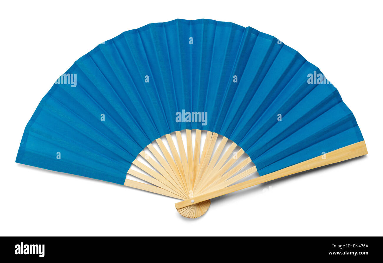Blue Open Hand Fan Isolated on a White Background. Stock Photo