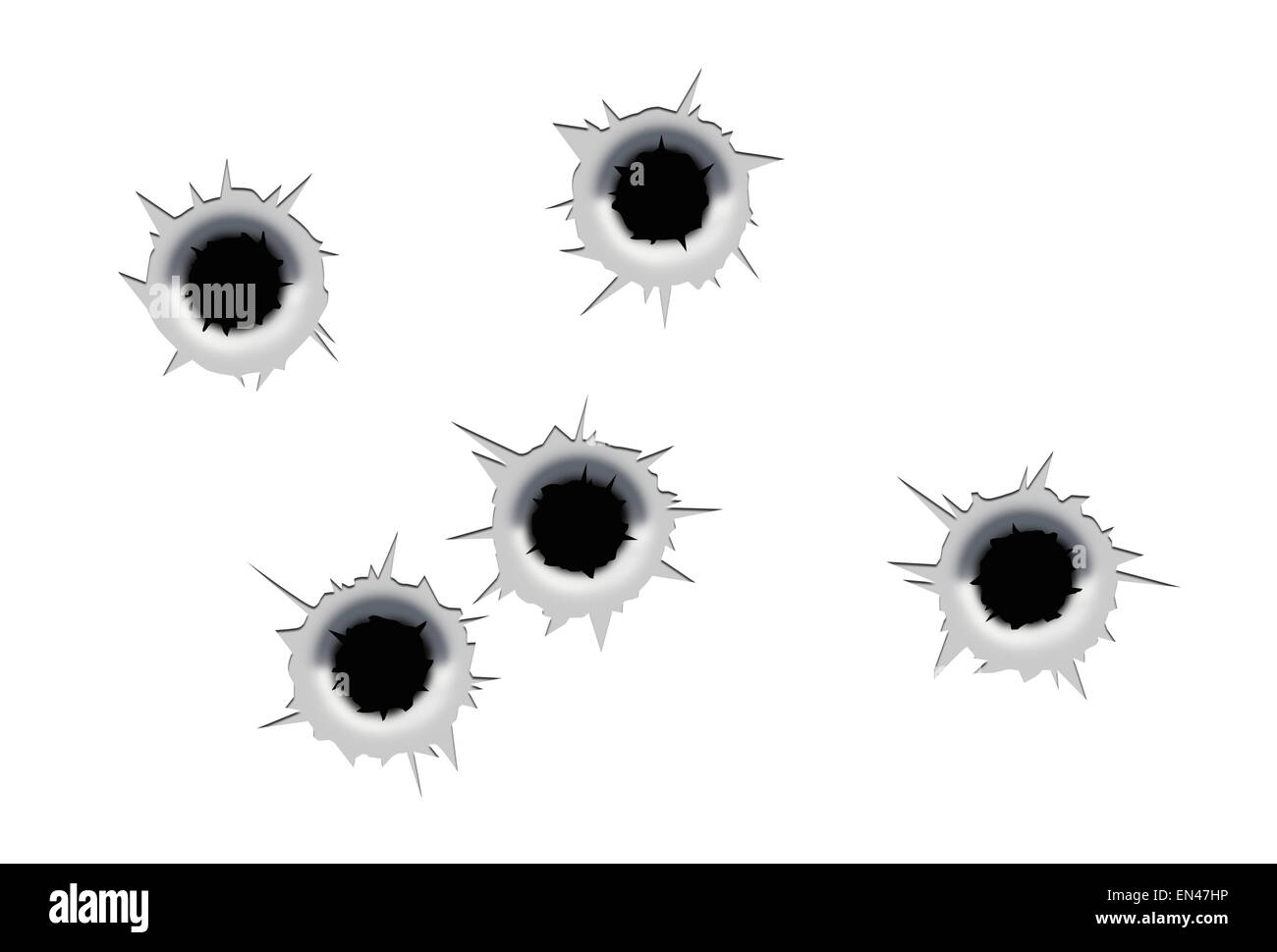 Five Bullet Holes In Metal Isolated on White Background. Stock Photo