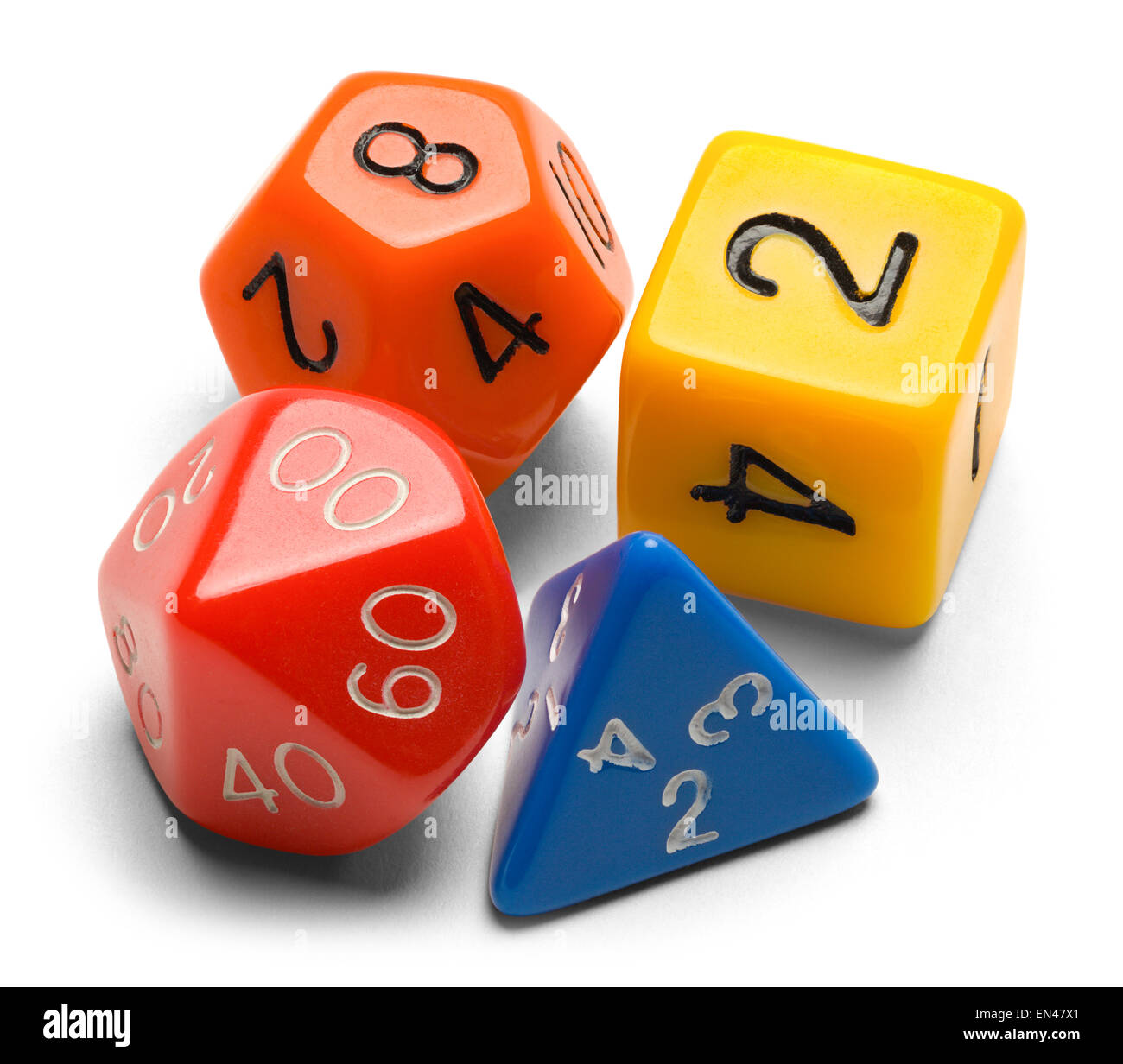 Four Roll Playing Gamer Dice Isolated on a White Background. Stock Photo