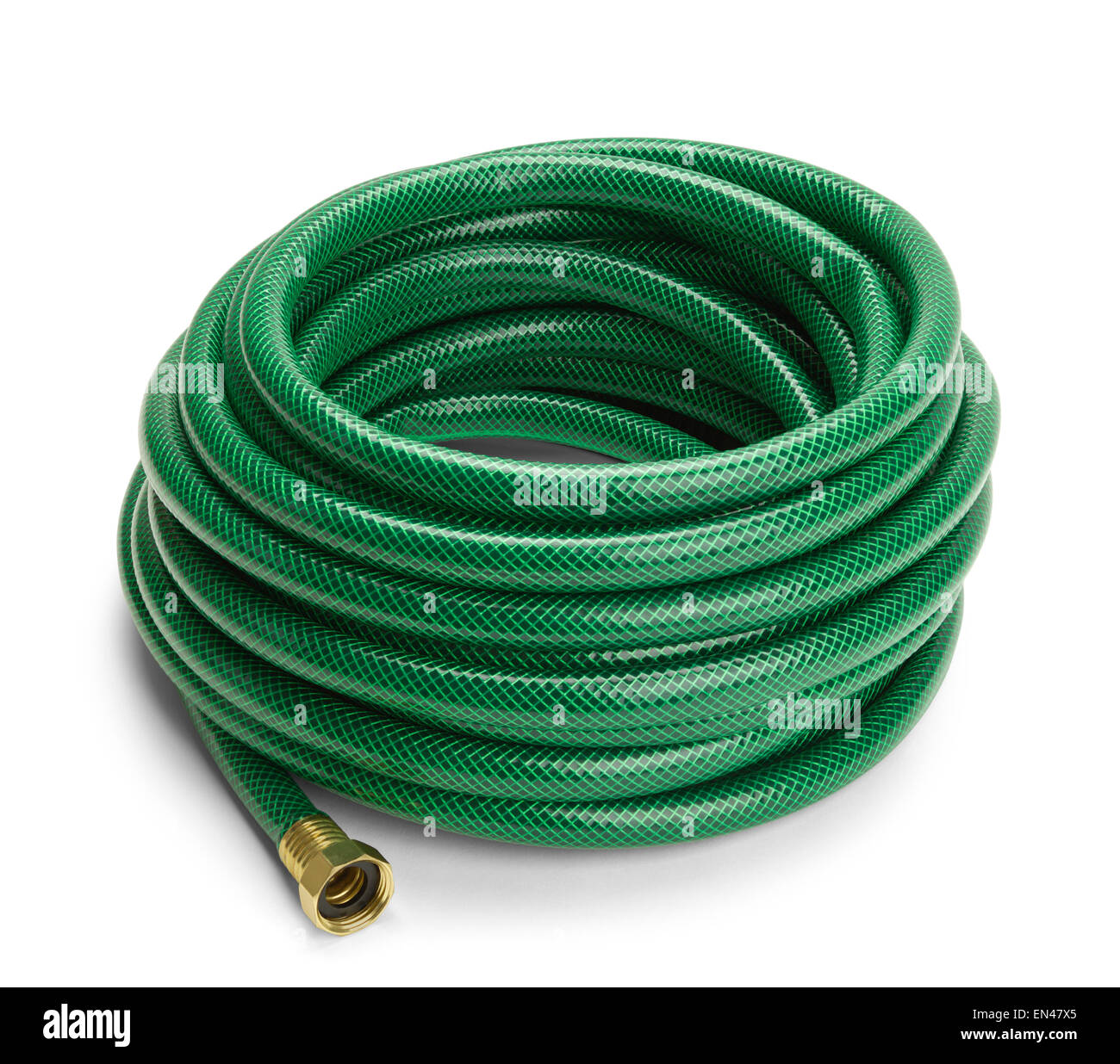 Green Garden Hose Rolled Up Isolated on a White Background. Stock Photo