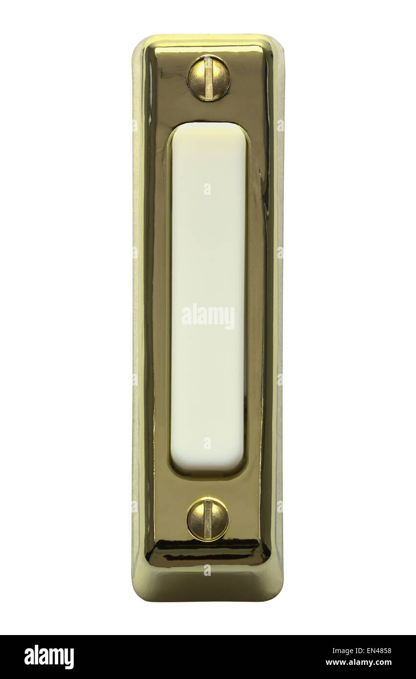 Brass Rectangle Doorbell with Long White Push Button Isolated on a White Background. Stock Photo