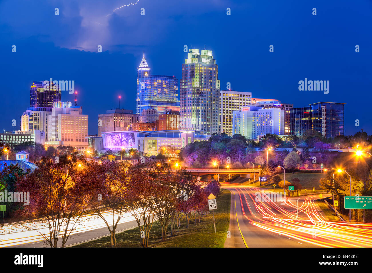 Skyline with heat lightning, Raleigh, North Carolina Stock Photo