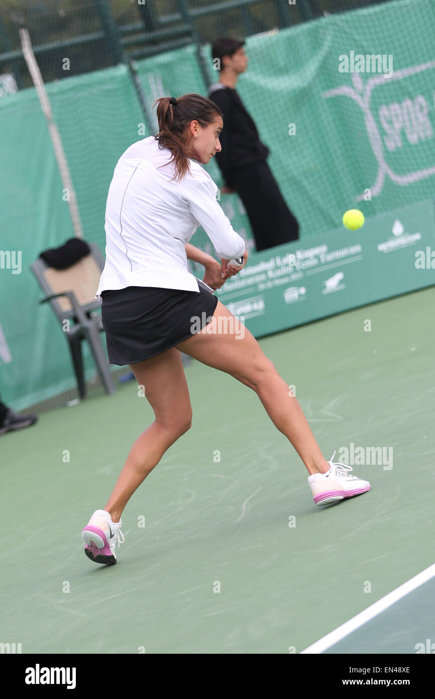 ISTANBUL, TURKEY - APRIL 23, 2015: Turkish player Melis Sezer in action  during R32 match against Turkish player Pemra Ozgen in 2 Stock Photo - Alamy