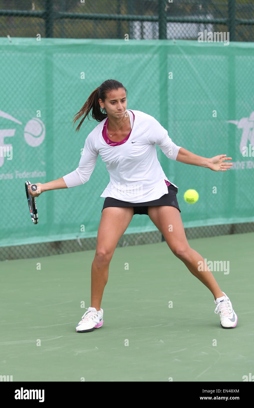 ISTANBUL, TURKEY - APRIL 23, 2015: Turkish player Melis Sezer in action  during R32 match against Turkish player Pemra Ozgen in 2 Stock Photo - Alamy