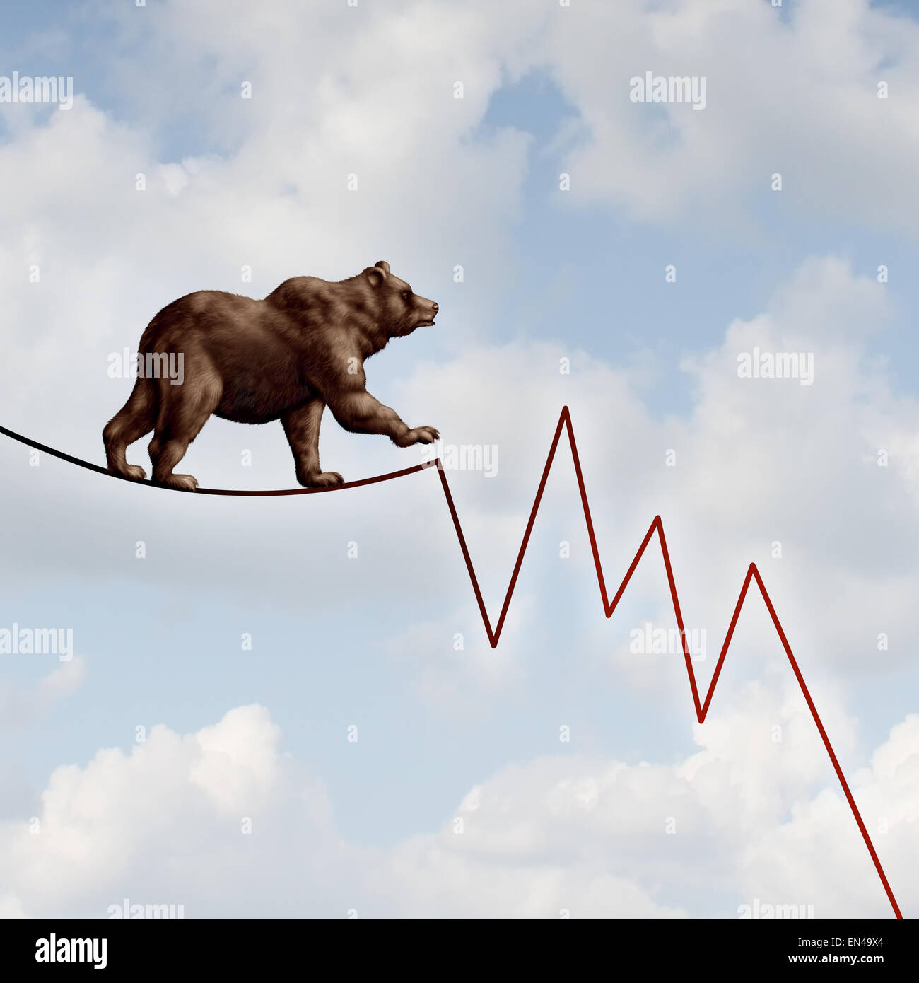 Bear market risk financial concept as a heavy bearish beast walking on a high tightrope shaped as a stock market loss diagram chart representing the investment danger ahead. Stock Photo