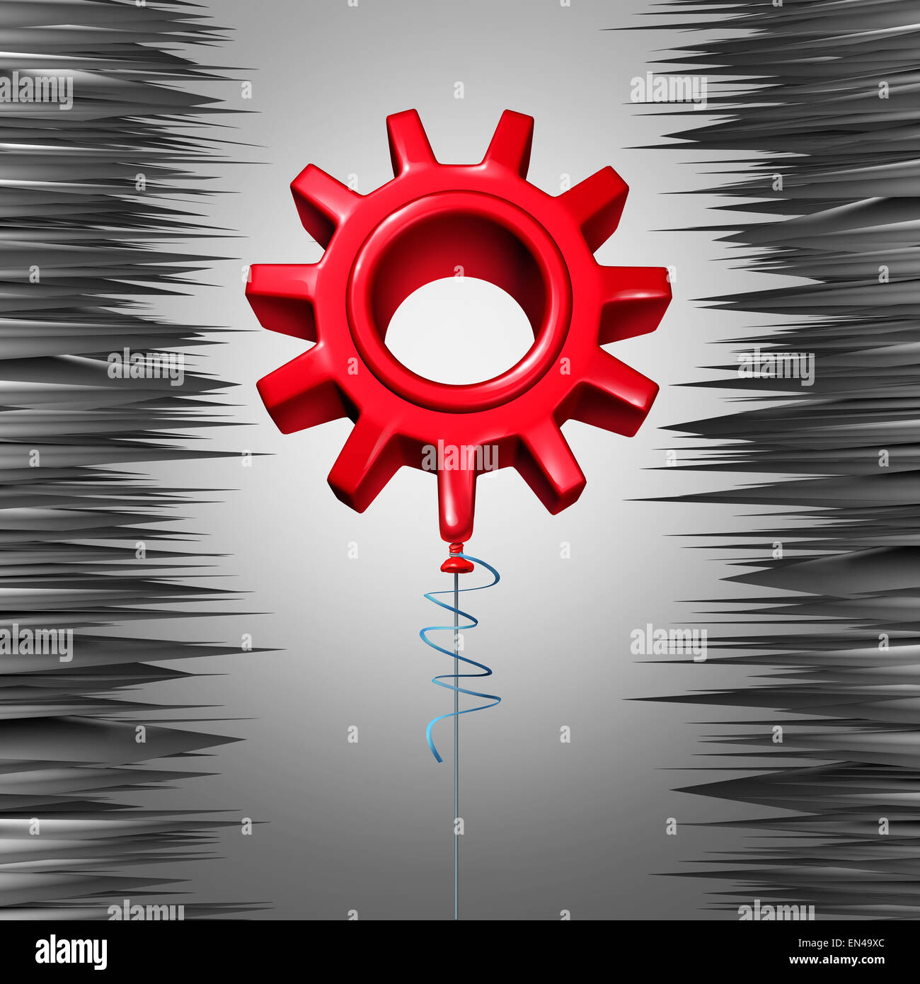 Financial bubble business concept as a vulnerable red balloon shaped as a machine gear or cog wheel floating between dangerous pointy needles as a metaphor for risky investment and overvalued stock price or inflated industry. Stock Photo