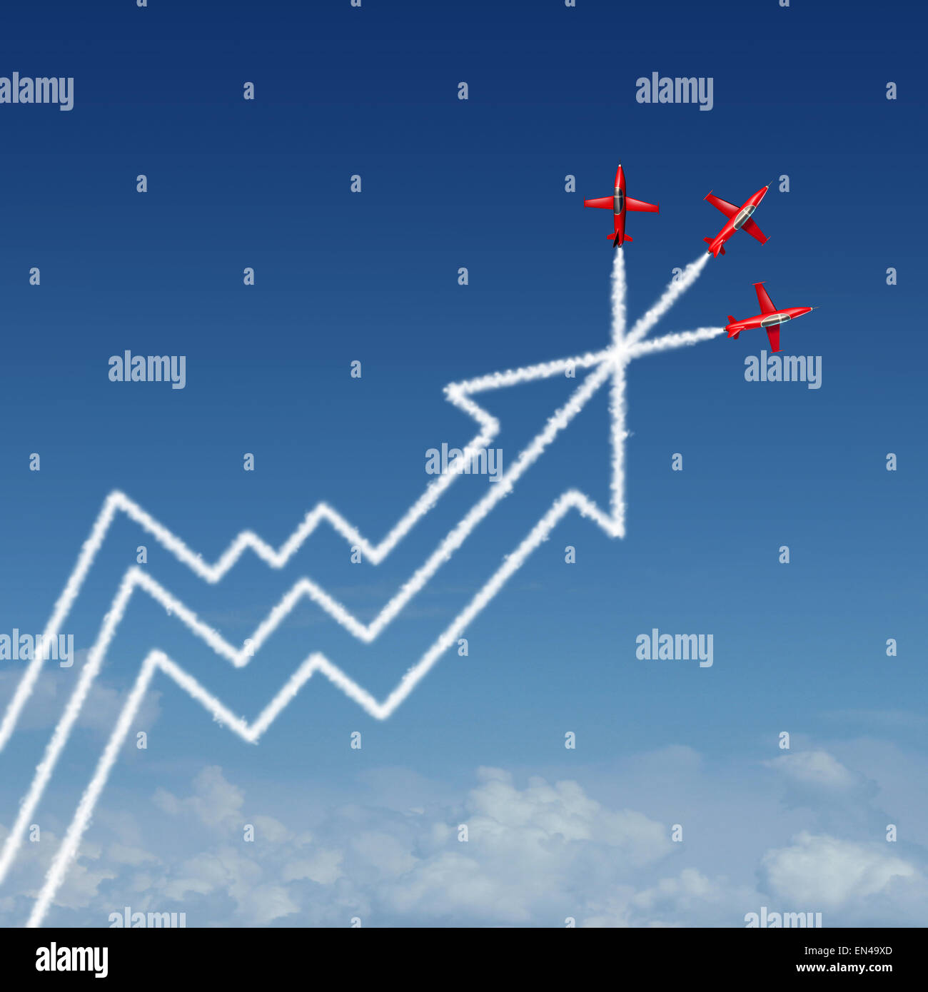 Financial performance annual report business concept as a group of air show acrobatic jet airplanes creating a smoke pattern shaped as a finance diagram and profit chart with an upward arrow as a success metaphor for company vision. Stock Photo