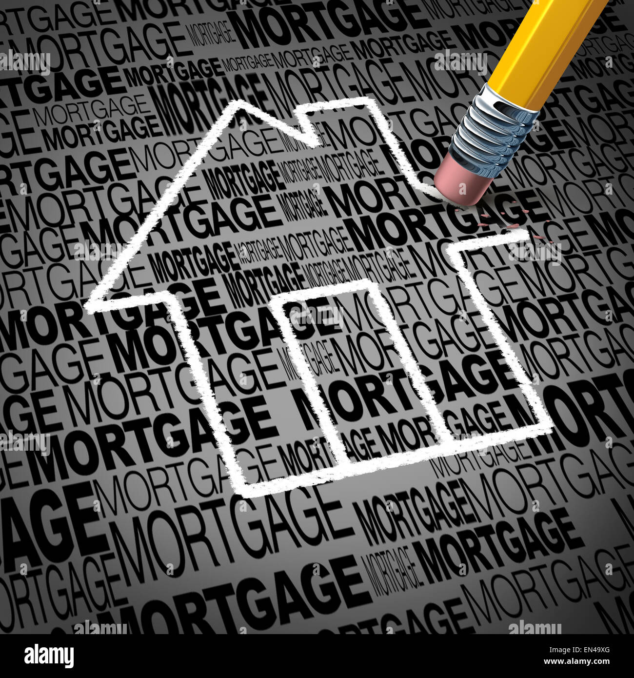 Home mortgage concept and real estate house ownership success symbol as a pencil erasing the shape of a family residence as a metaphore for paying off residential debt and financing a household. Stock Photo