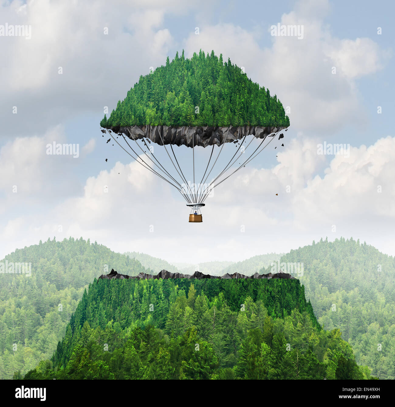 Imagination concept as a person lifting off with a detached top of a mountain floating up to the sky as a hot air balloon as a metaphor for the power of imagining traveling and dreaming of moving mountains. Stock Photo