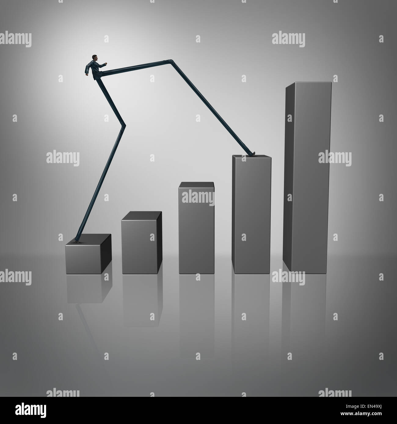 Leap forward as an accelerated success business concept with a businessman with long legs climbing a financial chart or graph as a metaphor for aggressive growth. Stock Photo