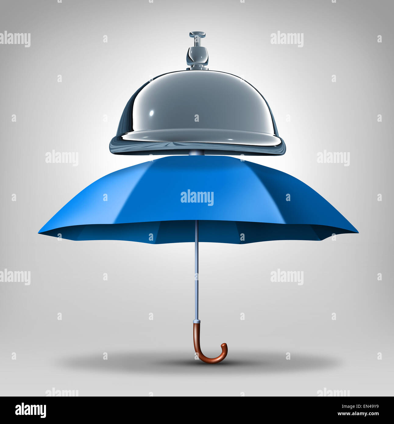 Protection services concept as a blue umbrella with a service bell as a symbol and icon for providing safety and security assistance as health benefits or business guarantees. Stock Photo