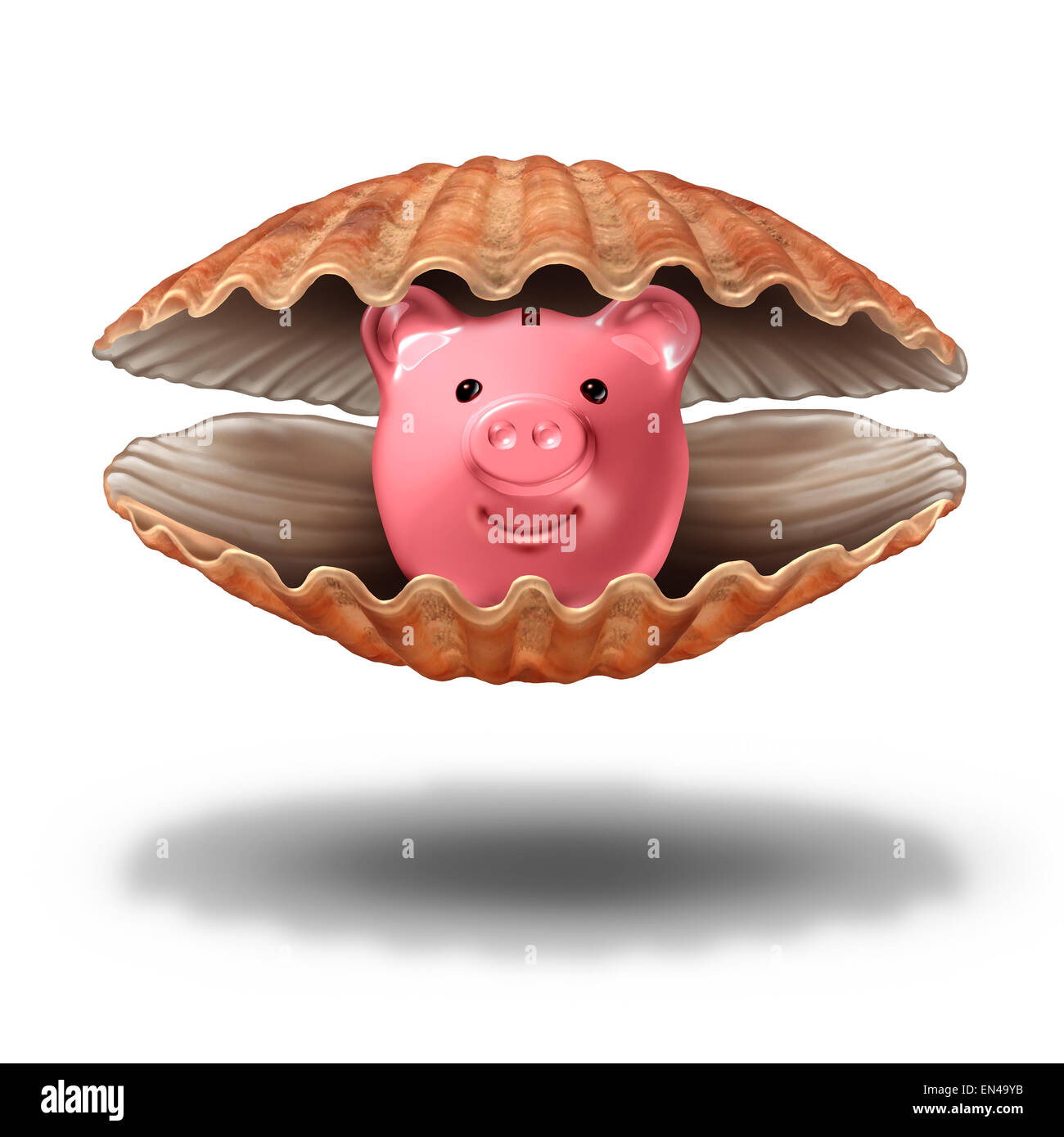 Savings treasure and financial wealth fortune concept as an open sea shell with a piggy bank as a precious pearl icon for the symbol of tax shelter or prized investment idea. Stock Photo
