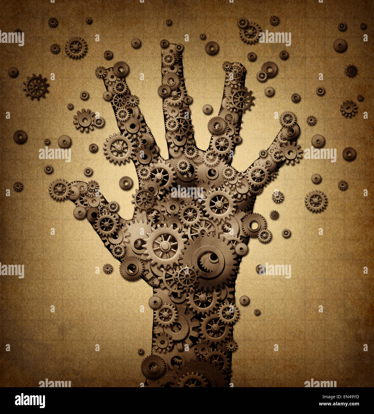 Technology touch concept and robotics or robot symbol as a group of mechanical gears and gog machine wheels shaped as a human hand as a metaphor for bionic engineering or artificial intelligence spread. Stock Photo