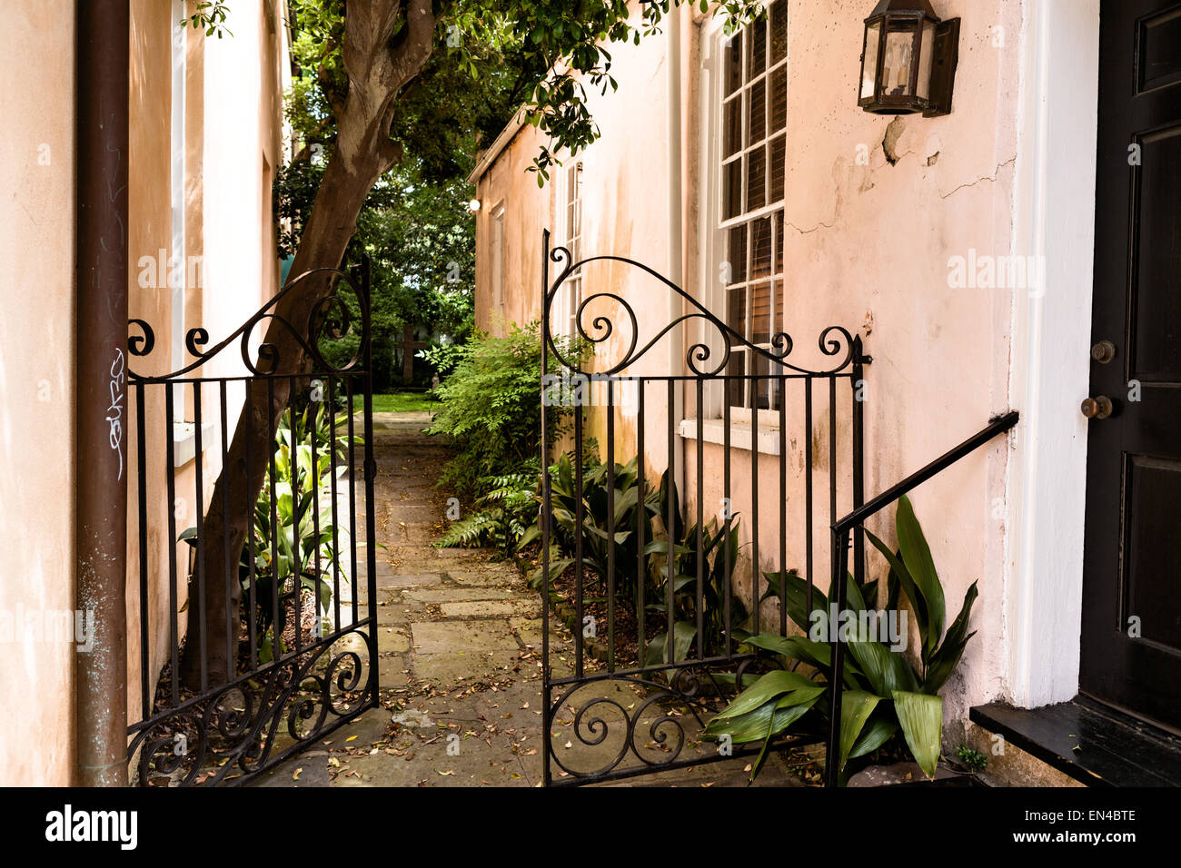 The garden gate to St Philips Church along Queen Street in historic Charleston, SC. Stock Photo