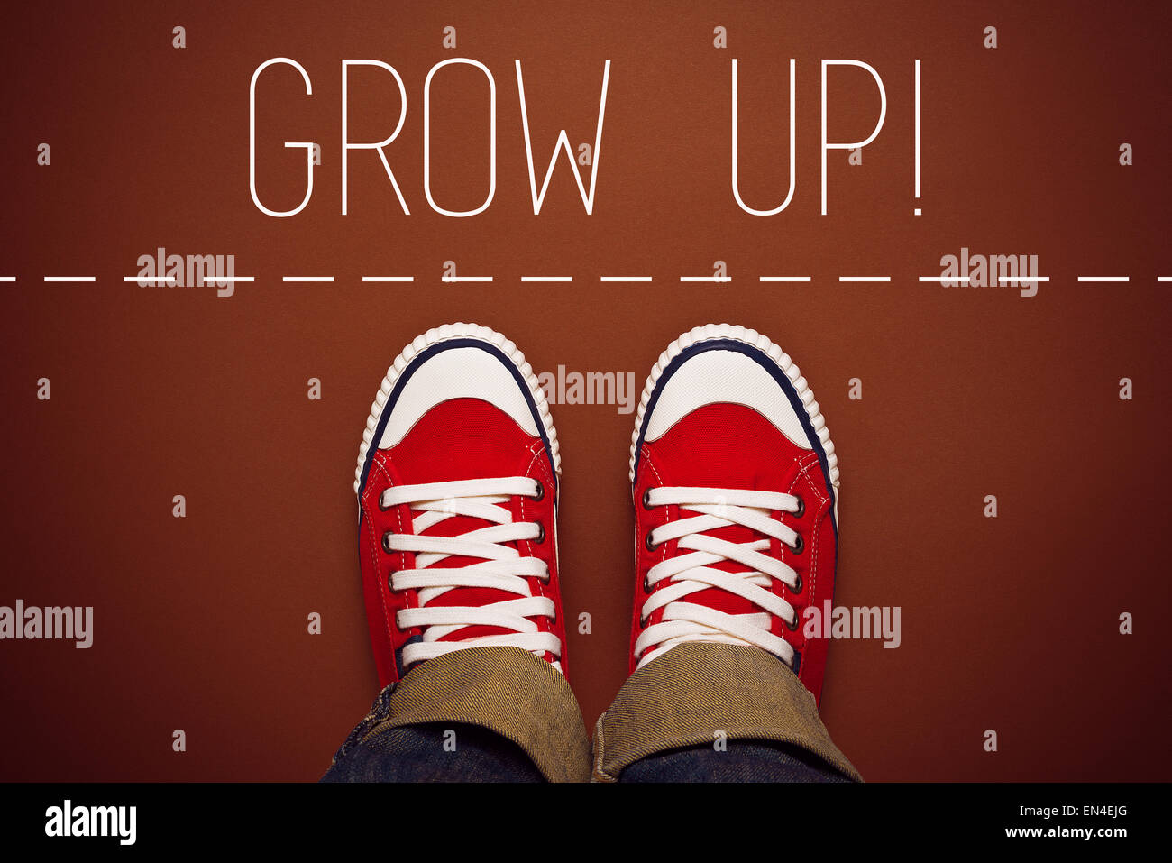 Grow Up Reminder for Young Person in Red Sneakers about to make a Step and Join the Party, Top View Stock Photo