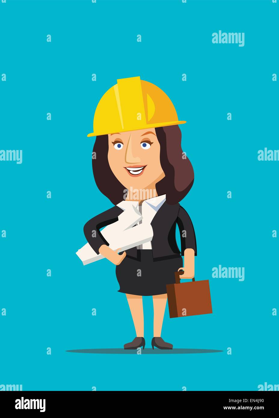 Architect female holding blueprint plans of construction site and building vector illustration Stock Vector