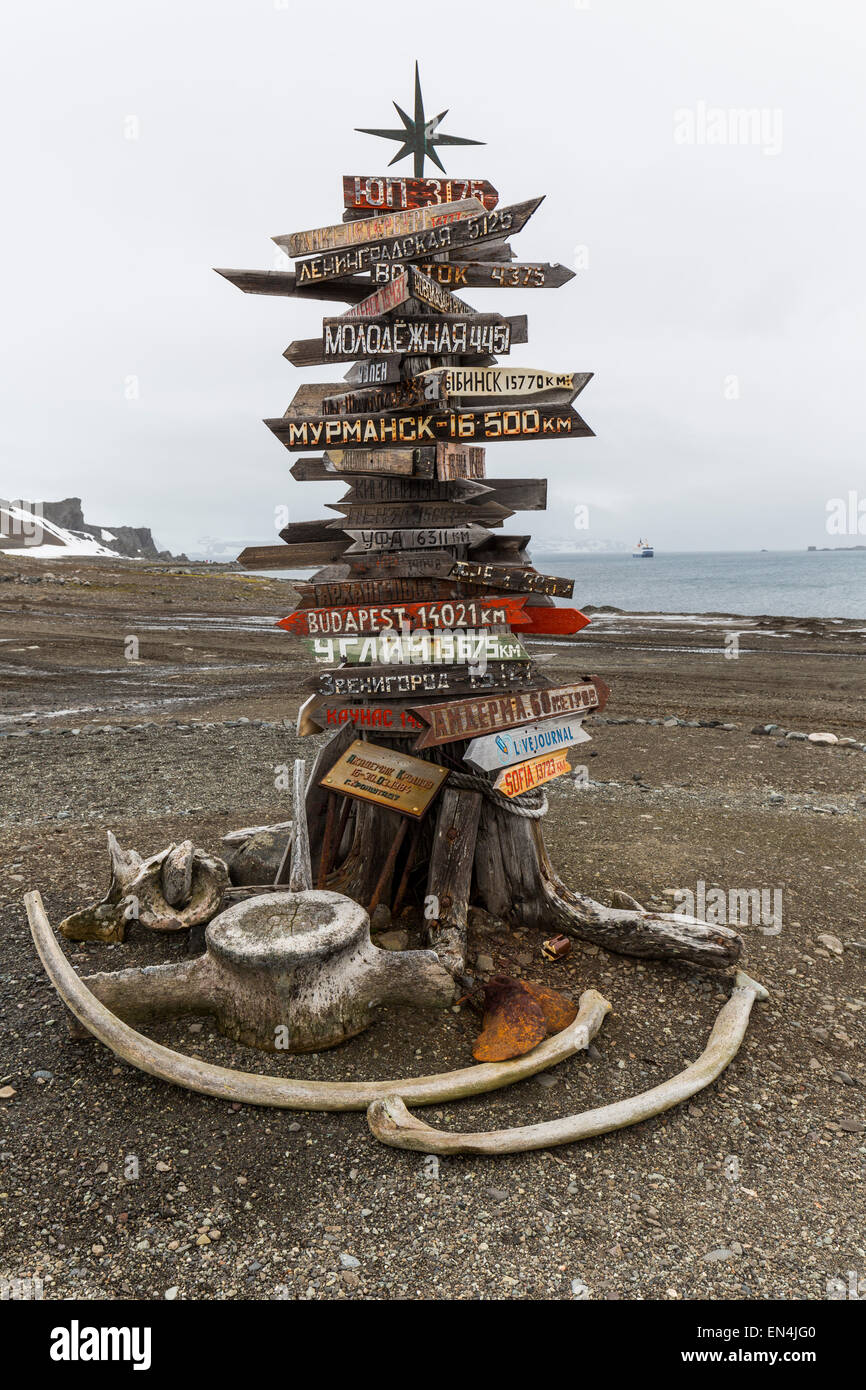signpost at King George Island near Russian Bellingshausen Station, Antarctica Stock Photo