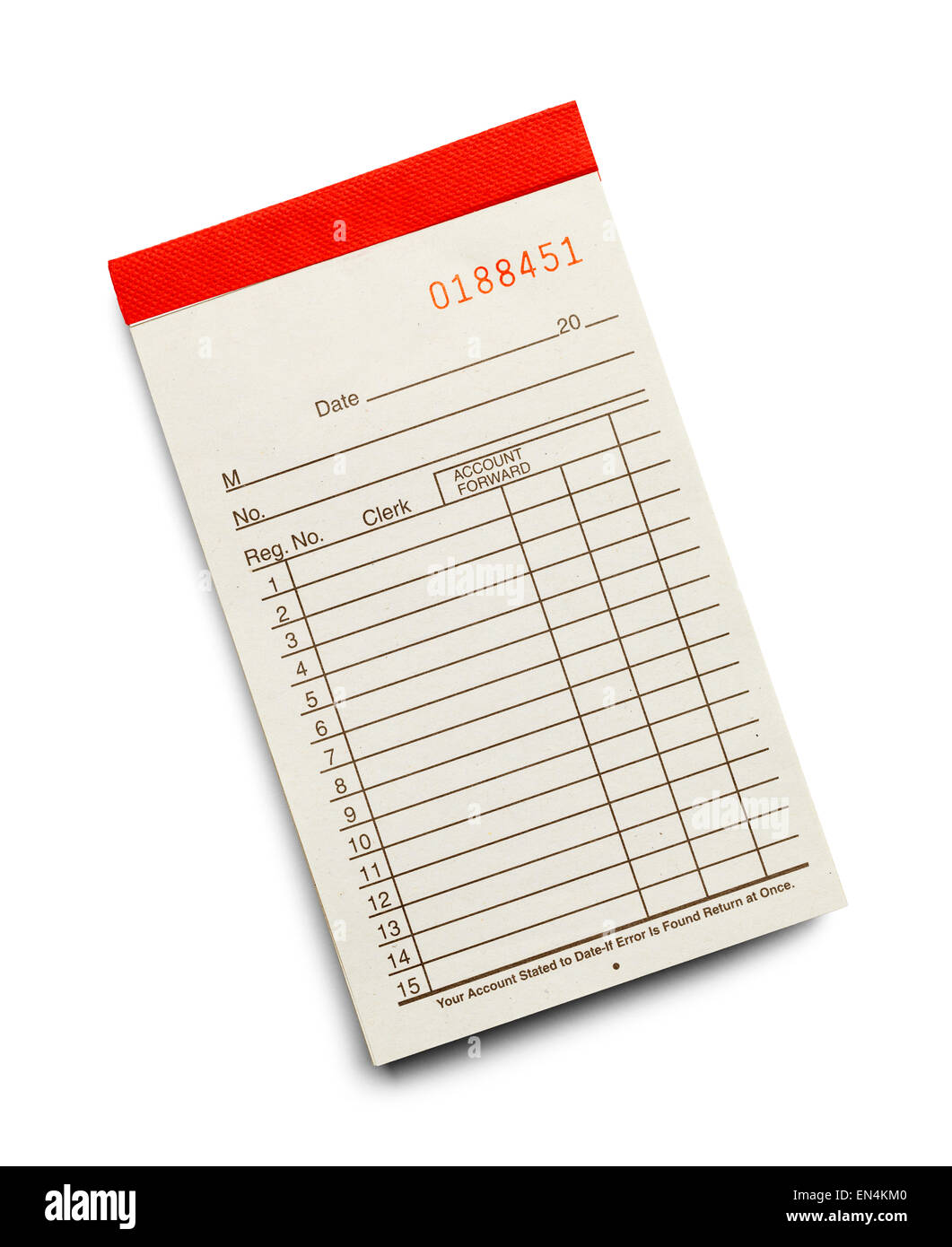 Receipt Pad with Copy Space from the Top View Isolated on a White Background. Stock Photo