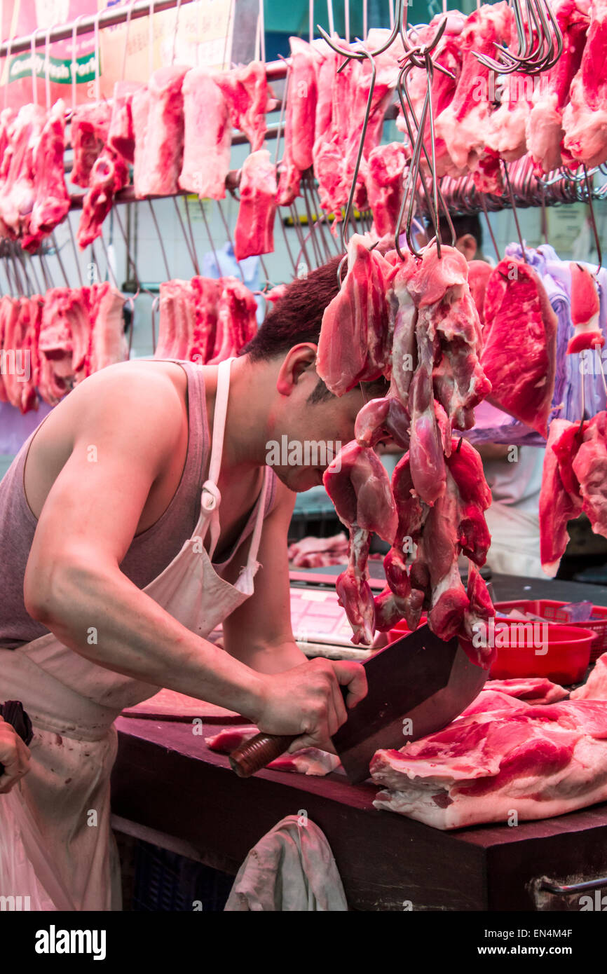 Wet Market Hong Kong butcher meat food sale mart Stock Photo