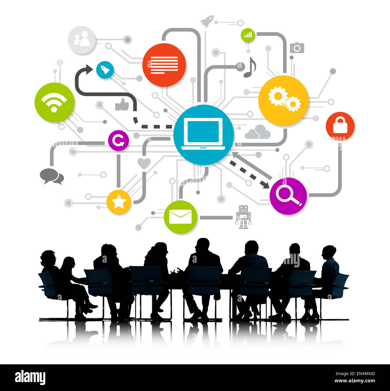 Group Of Business People Working And Global Networking Symbols Above Stock Photo