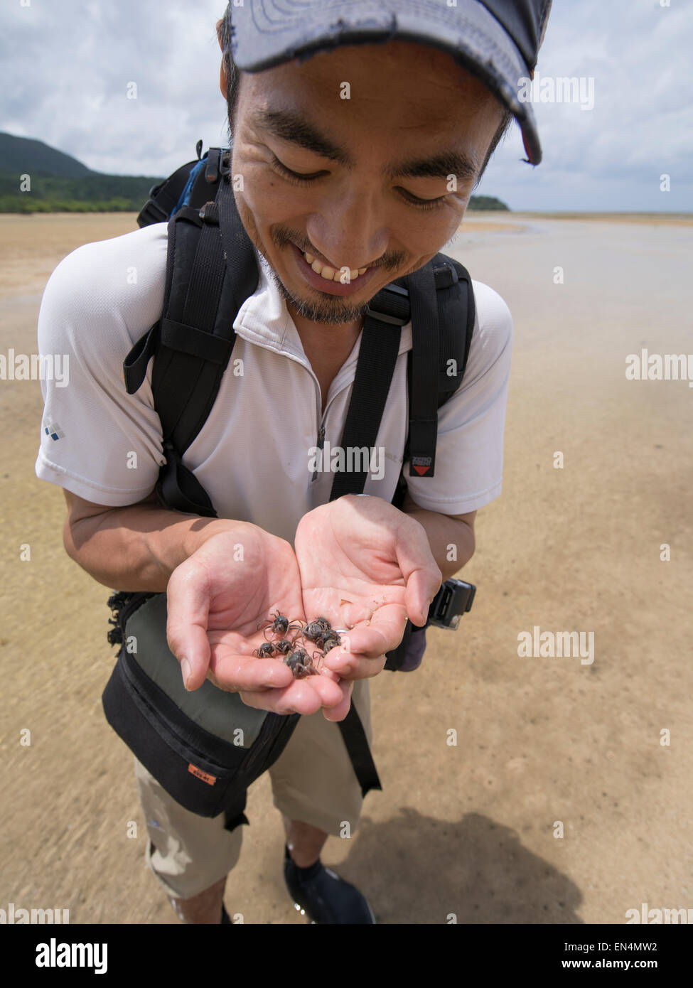 Jungle Trekking guide with tiny beach crabs on Iriomote Island, Yaeyama Islands, Okinawa, Ryukyu