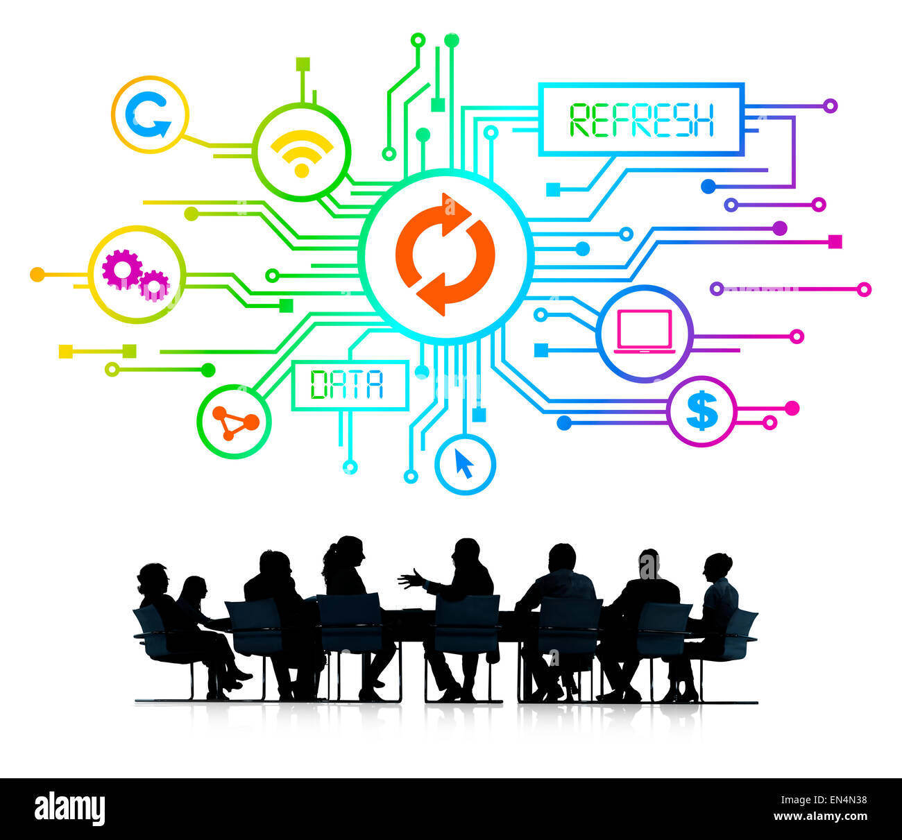 Silhouettes of Business People Having a Meeting and Computer Network Concept Stock Photo