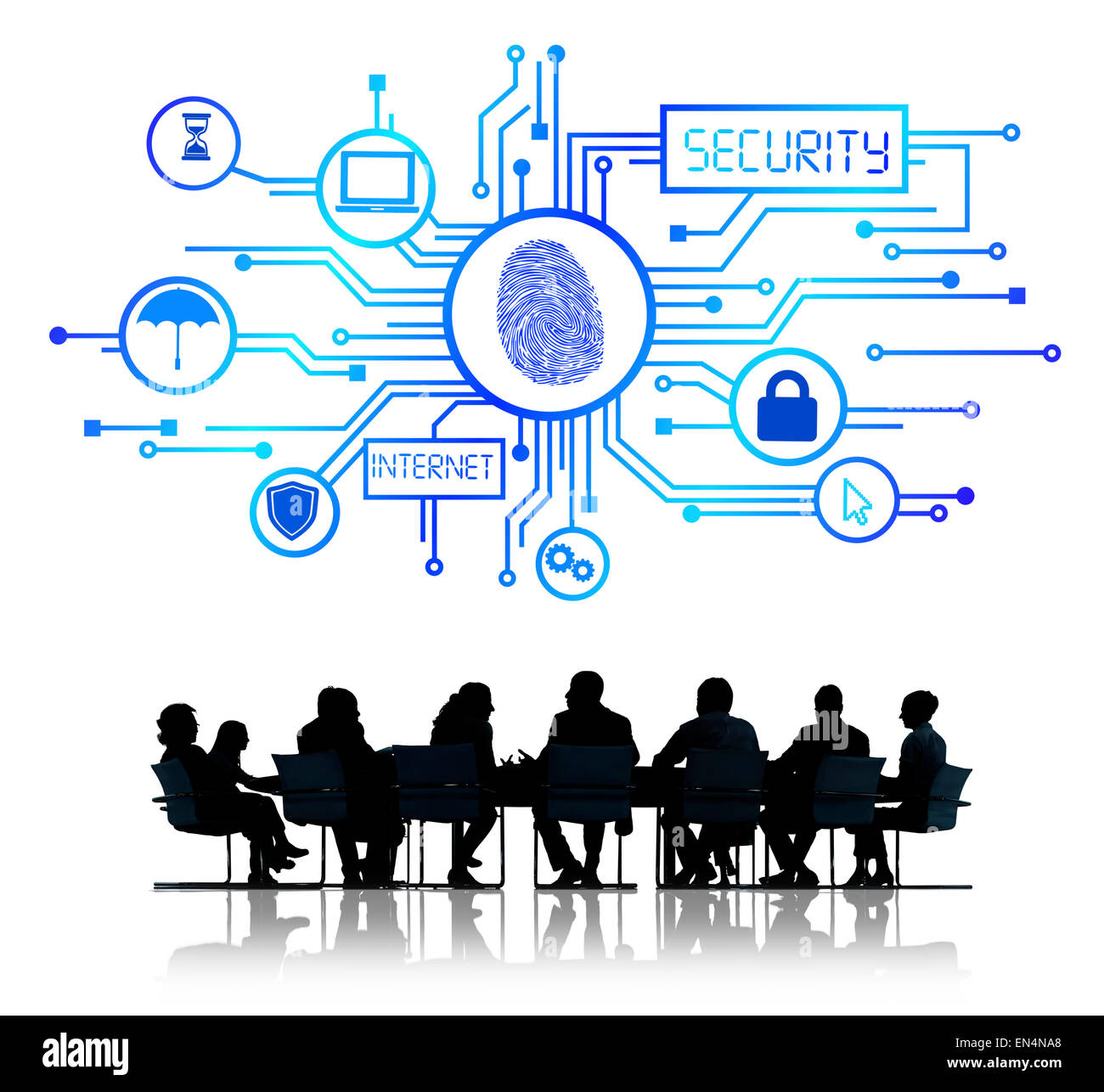 Silhouette Group of People in Meeting with Internet Security Concept Stock Photo