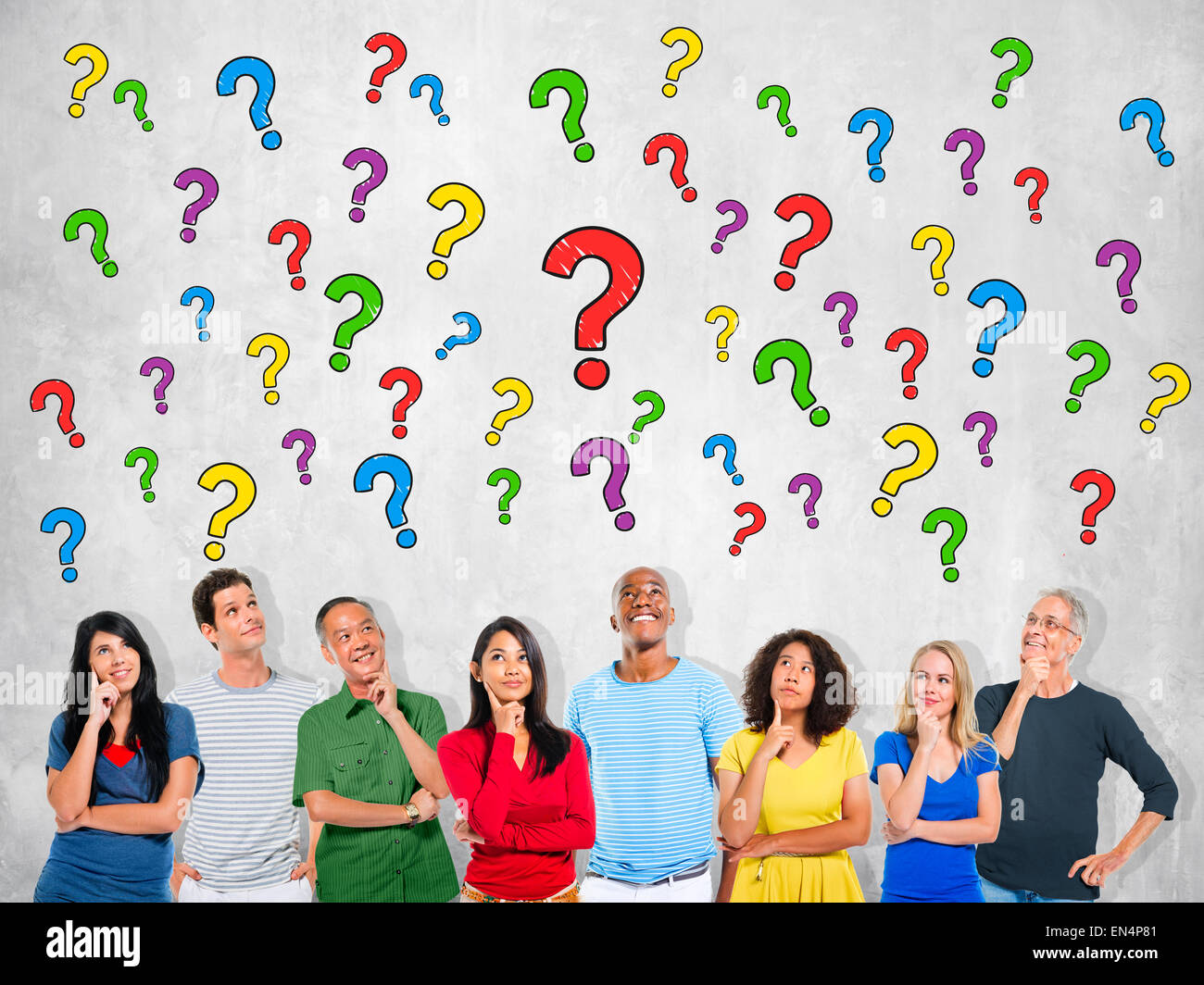 Multi Ethnic Group Of People Thinking And Question Marks Stock Photo Alamy