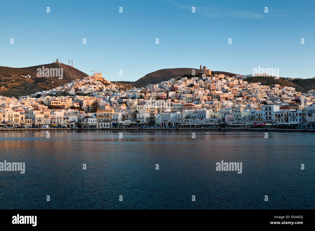 The port town of Ermoupolis in Syros in the Greek Islands. Stock Photo