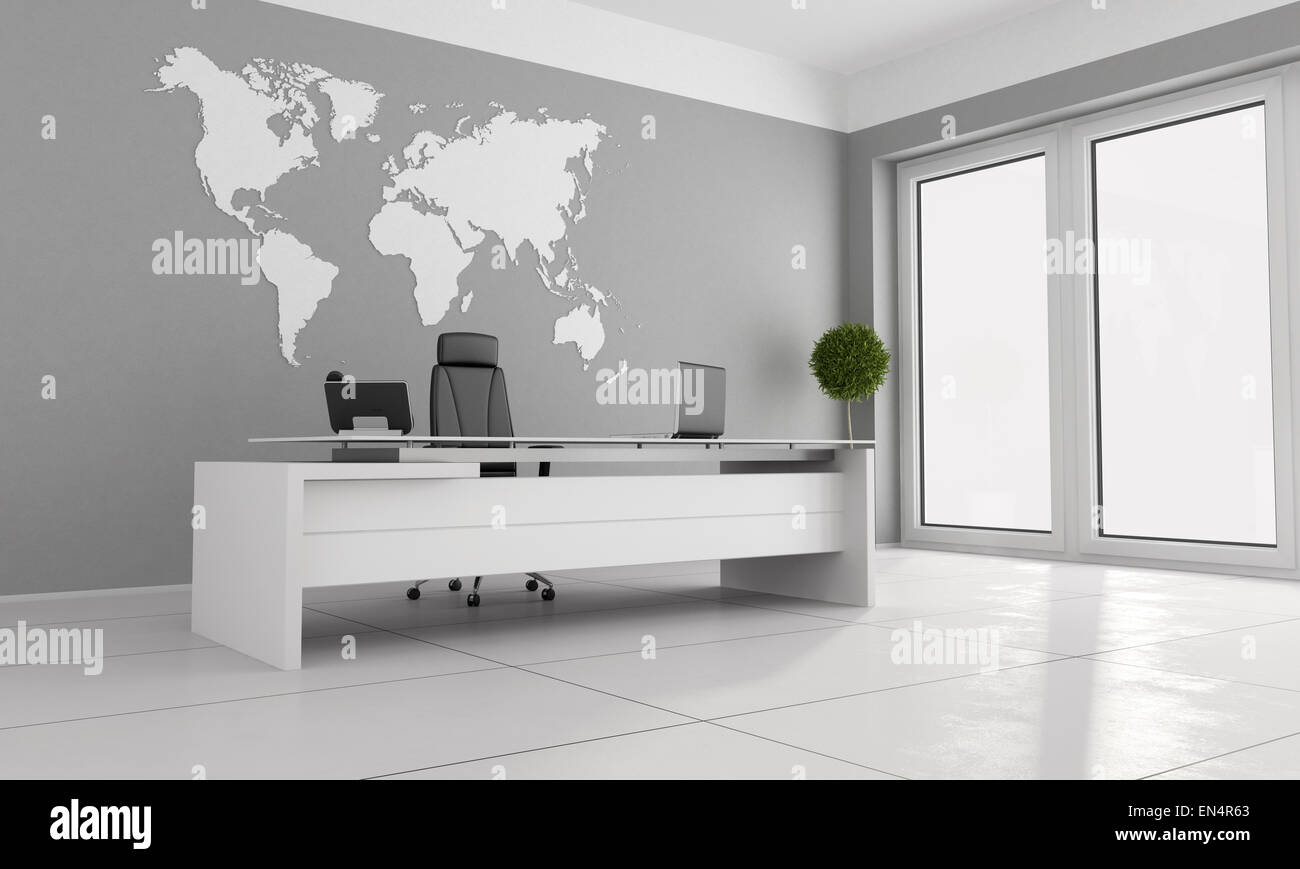 minimalist office with white desk and world map on wall 3d office world map