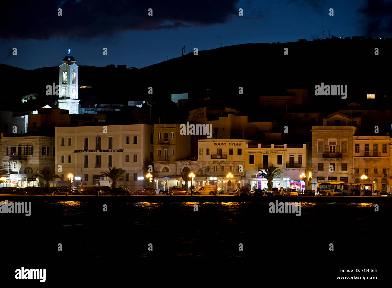 A night scene of the port in Syros, Greek islands. Stock Photo