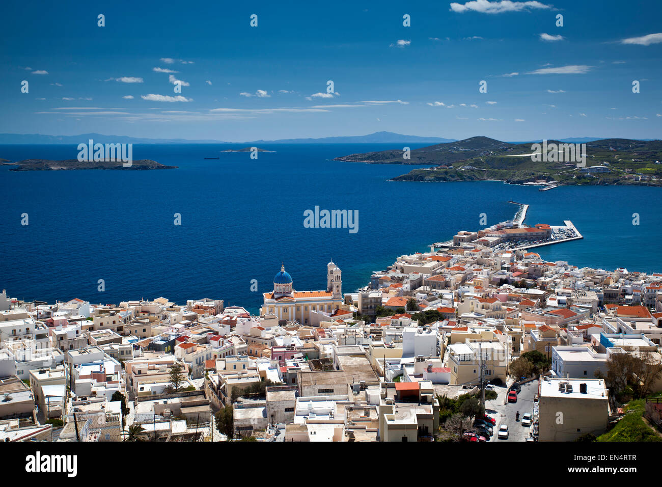 The port town of Ermoupolis in Syros in the Greek Islands. Stock Photo