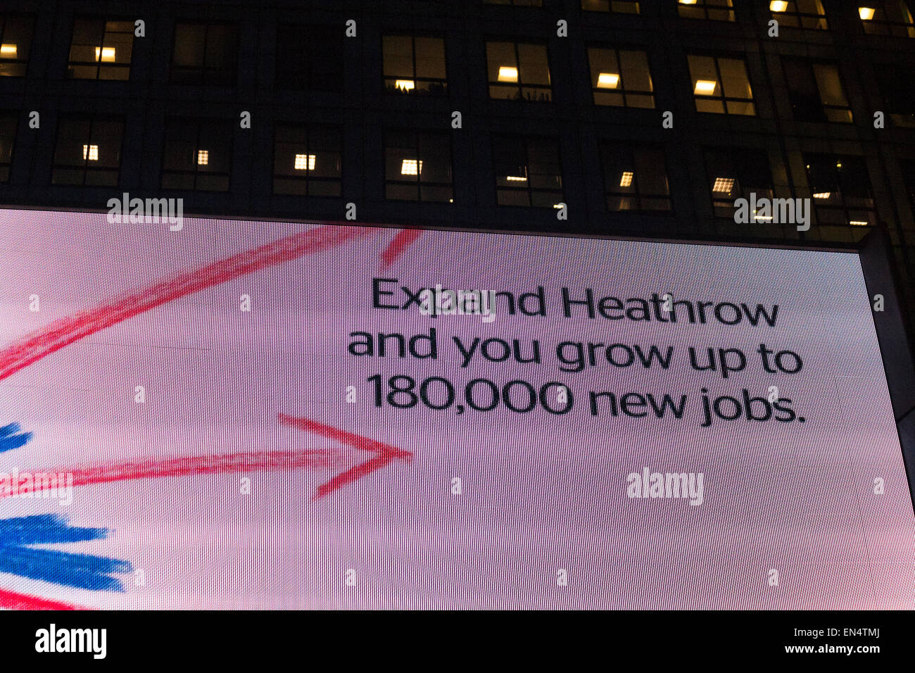 Expand Heathrow and you grow up to 180000 new jobs sign at Canary Wharf, London Stock Photo