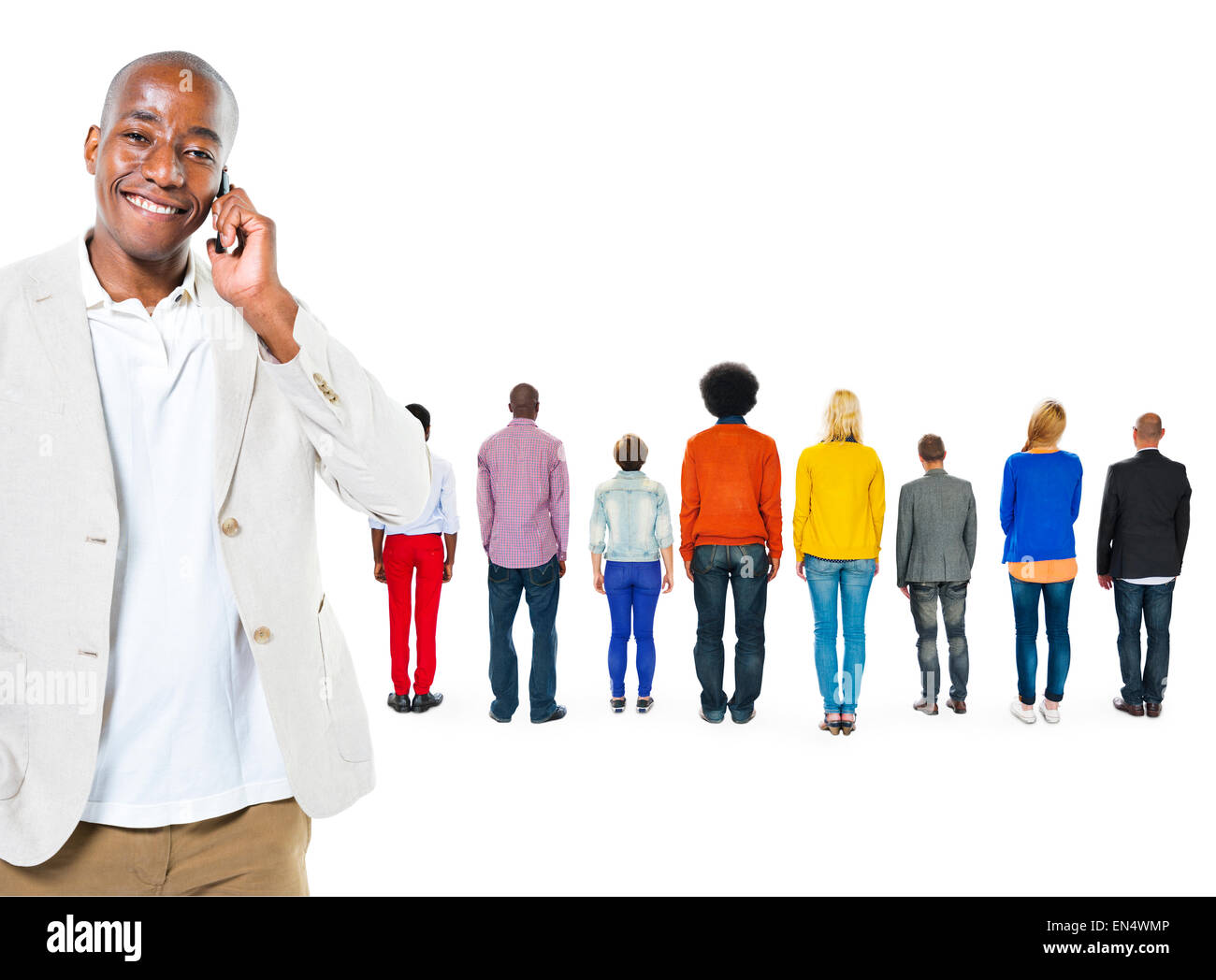 Back View of Multi-Ethnic People and a Man on the Phone Stock Photo - Alamy
