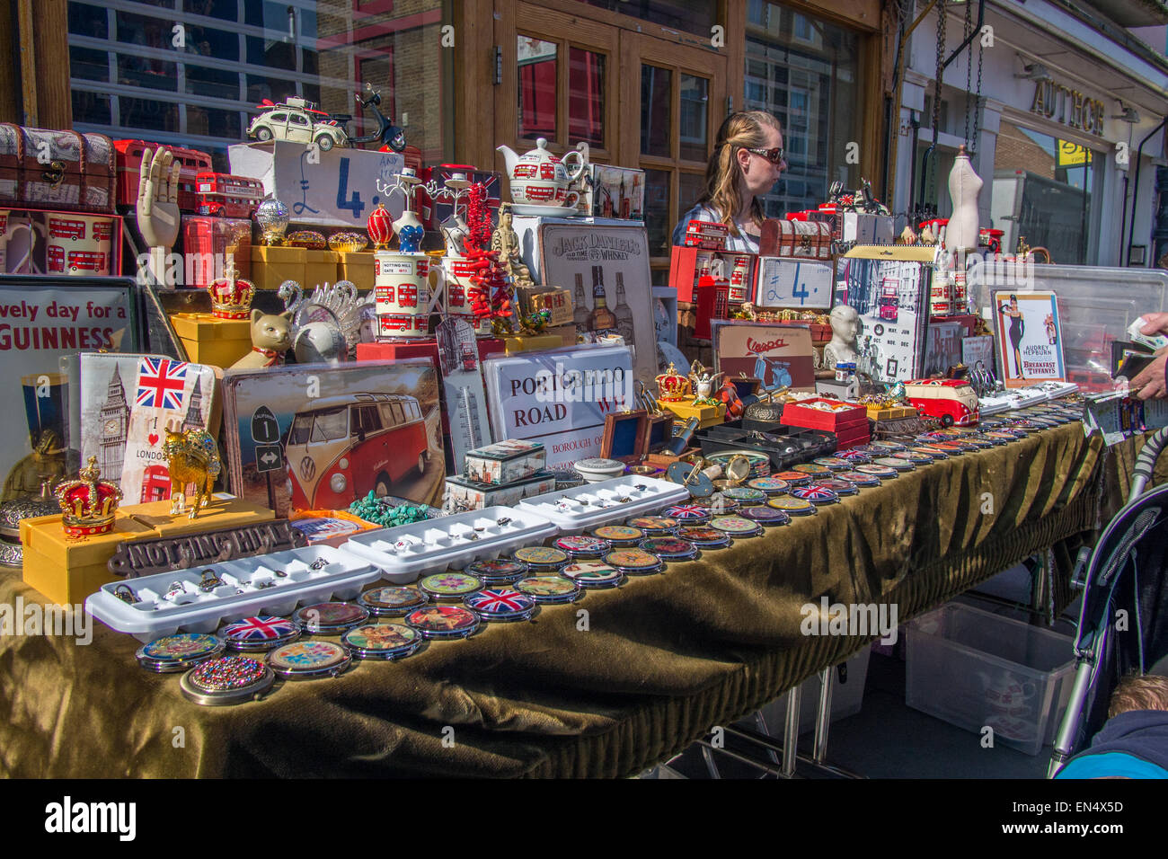 Souvenir stall on Portabello Road, Notting Hill, London. Portabello Road was a key location in the film 'Notting Hill'. Stock Photo