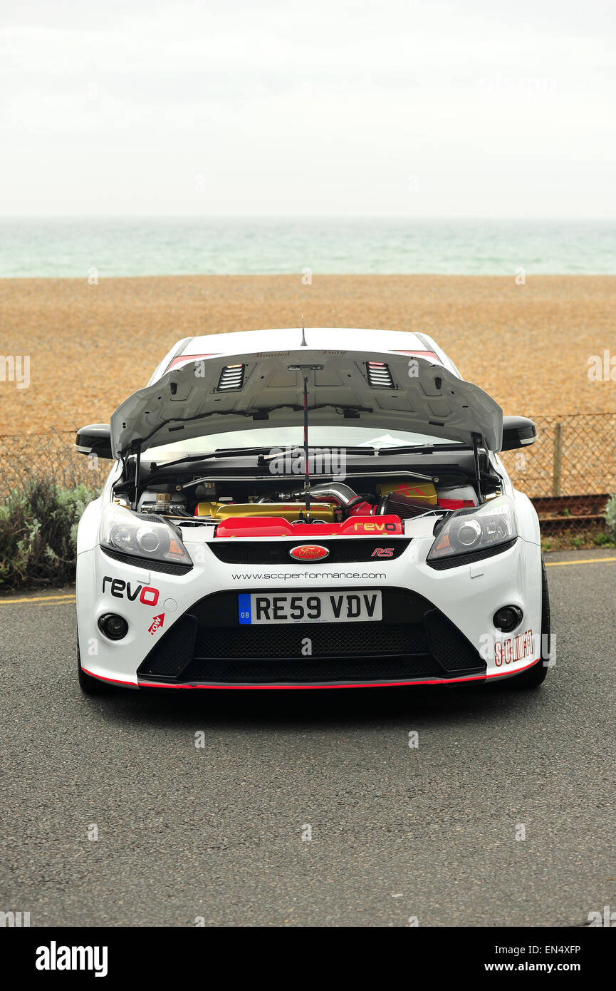 The front of a high performance Ford car parked with its up along Madeira Drive for a car
