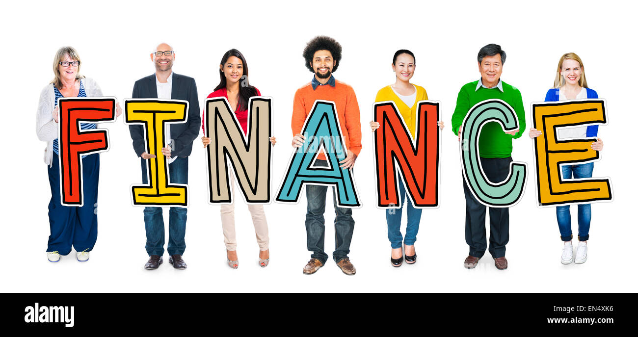 Multiethnic Group of People Holding Letter Finance Stock Photo