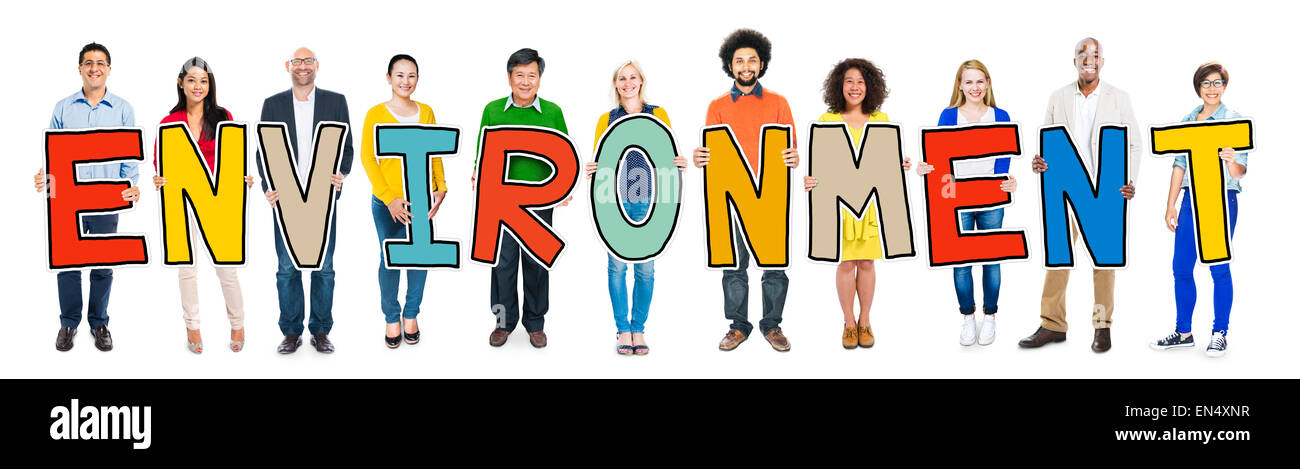 Cheerful and Diverse People Holding Environment Text Stock Photo - Alamy