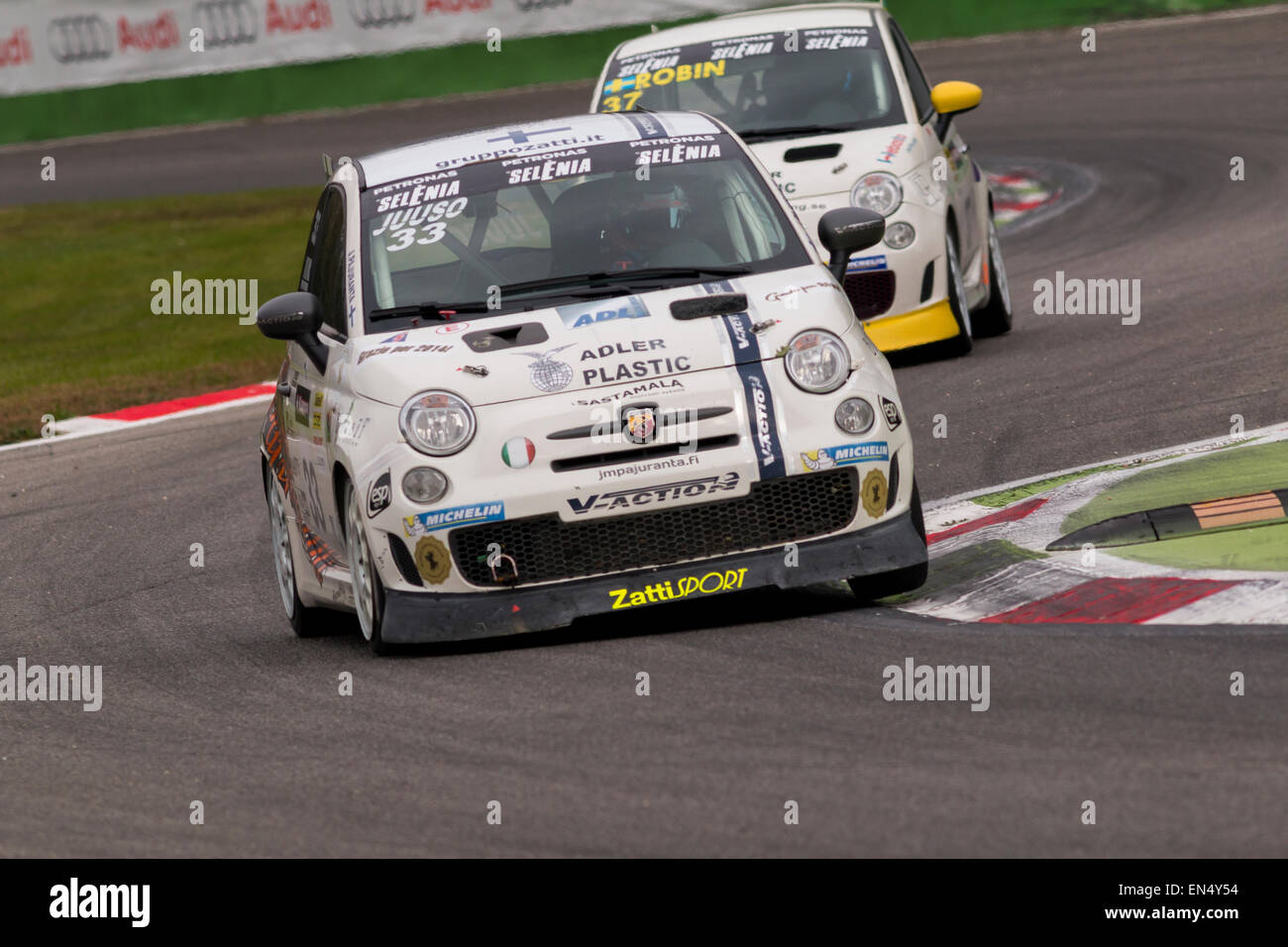 Monza, Italy - October 25, 2014: Fiat Abarth 695 of  V-Action Team, driven by Pajuranta Jusso Stock Photo